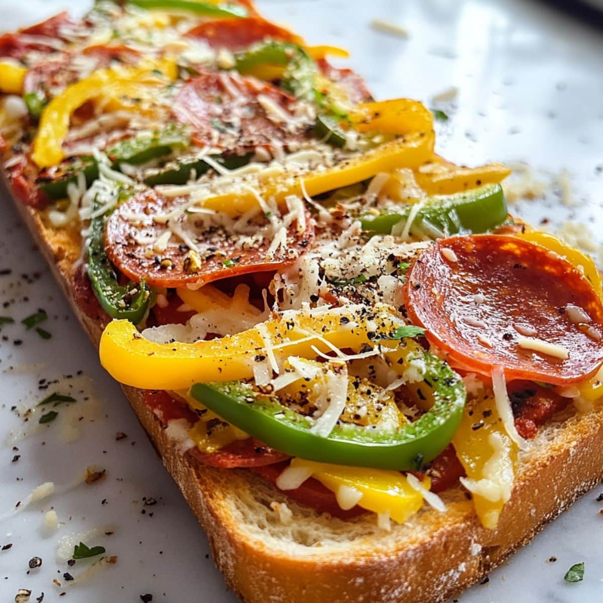 Pepperoni, bell peppers, and cheese being added to French bread pizza before baking.