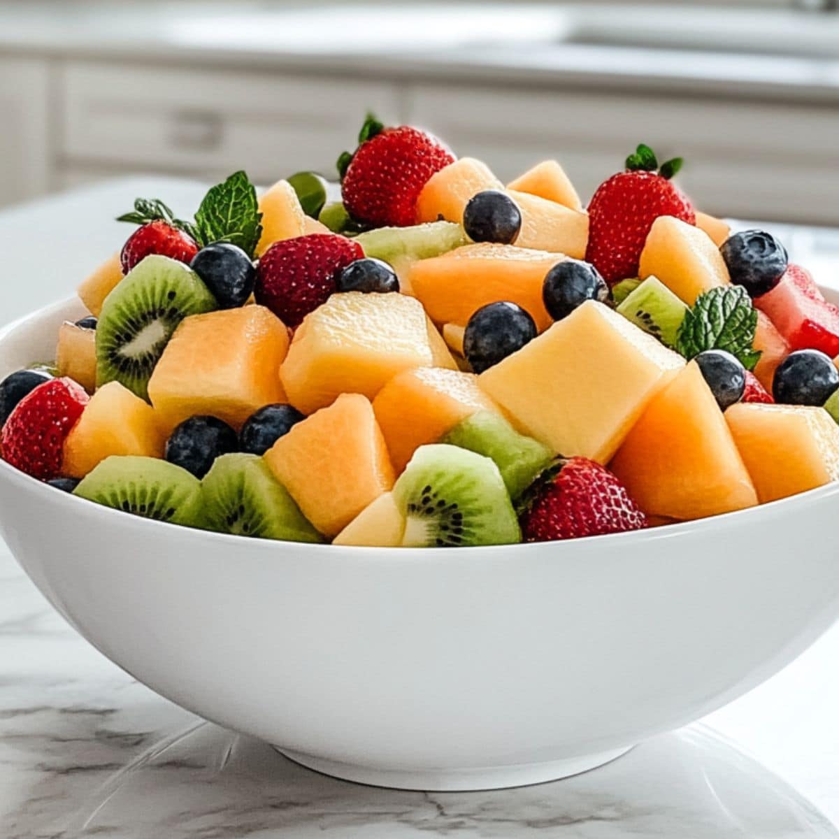 Assembling homemade fruit salad with cantaloupe, kiwi, strawberries, and blueberries in a white bowl.