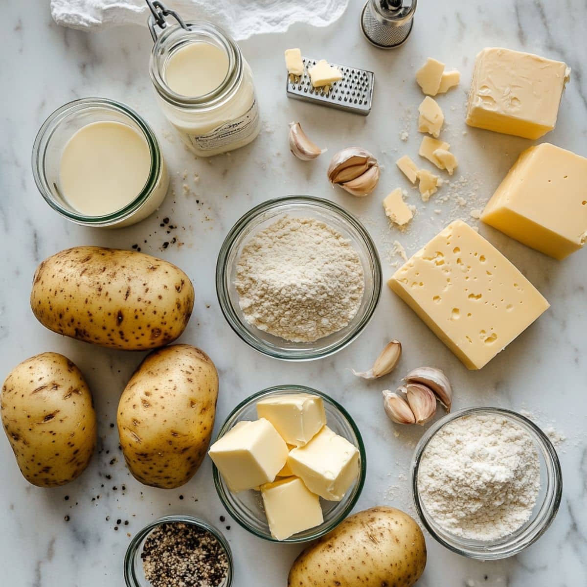 All ingredients for au gratin potatoes laid out on a white kitchen counter.