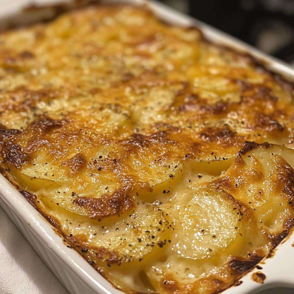 Creamy au gratin potatoes with golden cheese topping and crisp edges, baked homemade style