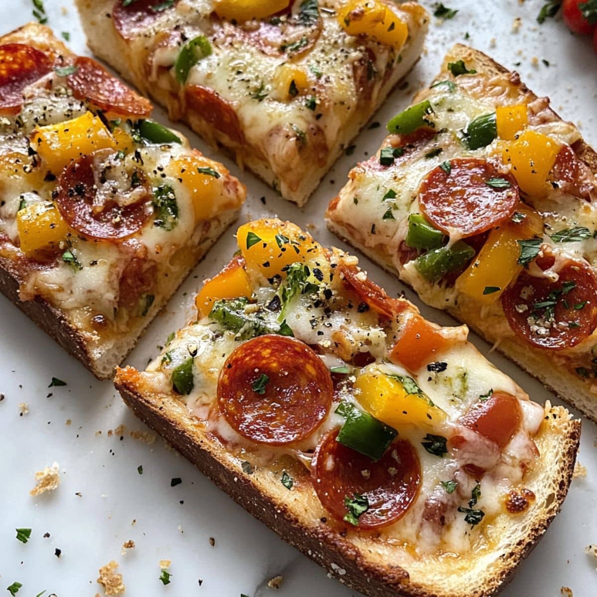 Golden baked French bread pizza with melty cheese and toppings, sliced and served.