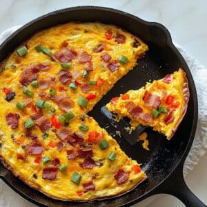 fluffy homemade frittata in a cast iron skillet, topped with crispy bacon, red bell peppers, and green onions, with one slice served.