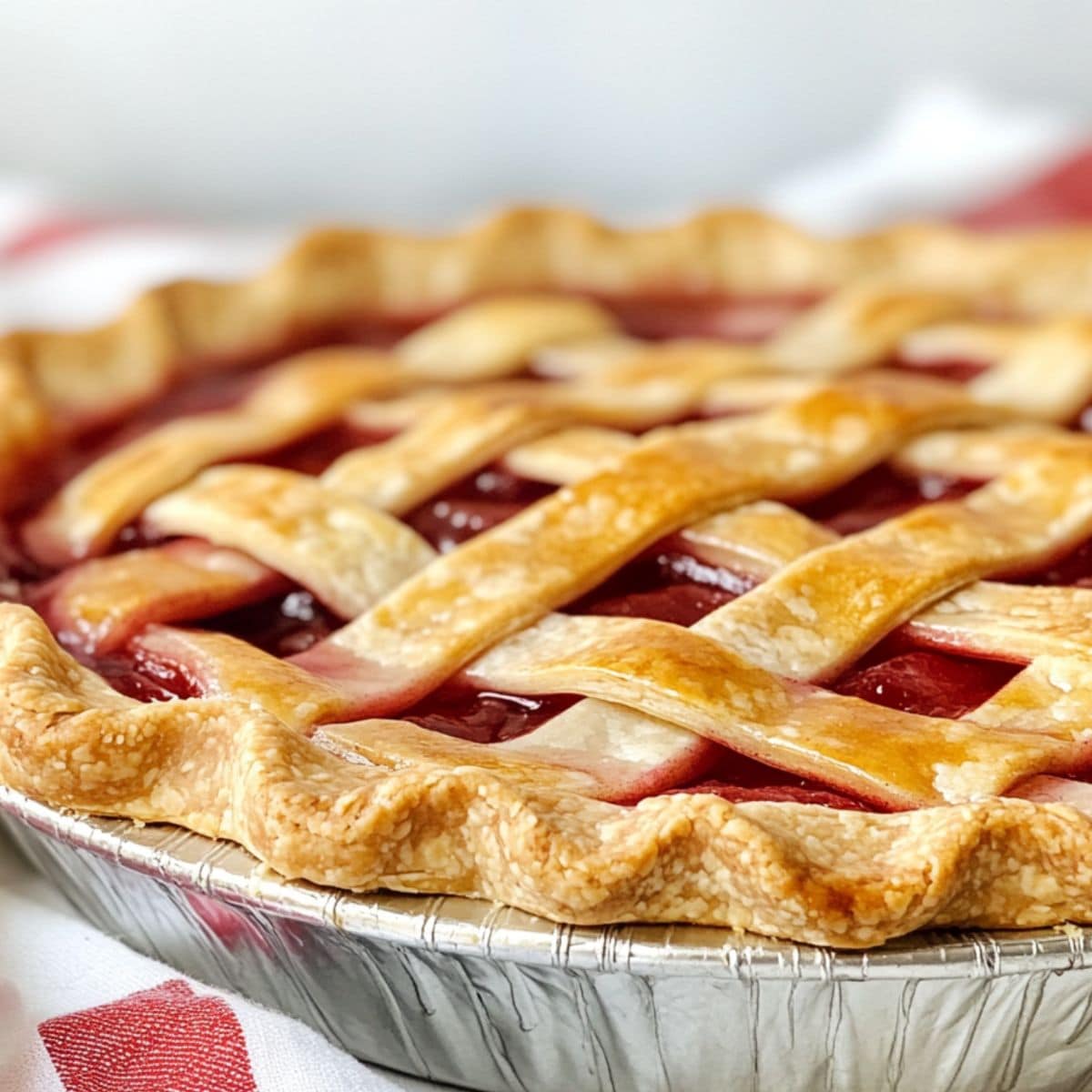 Freshly baked strawberry rhubarb pie with golden lattice crust, warm fruit filling bubbling beneath the crisp edges in a metal pie tin.