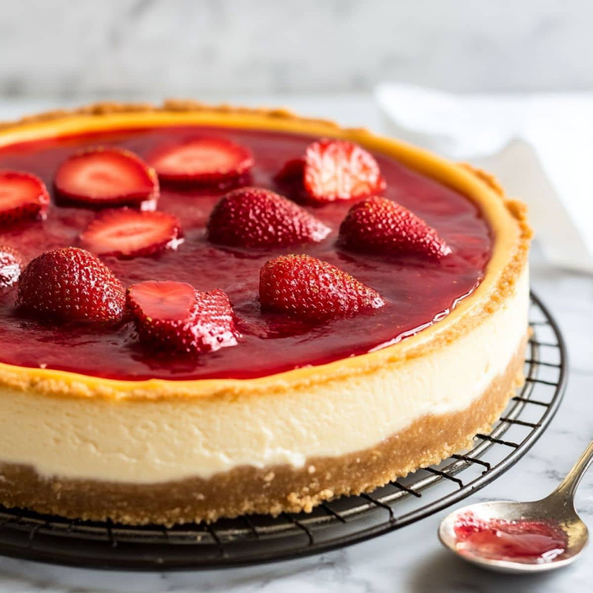 Freshly baked cheesecake cooling in a springform pan, ready to top with roasted strawberries.