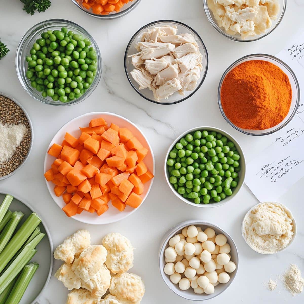 Overhead shot of raw ingredients for chicken pot pie casserole including rotisserie chicken, carrots, peas, cream soup, and biscuit dough.