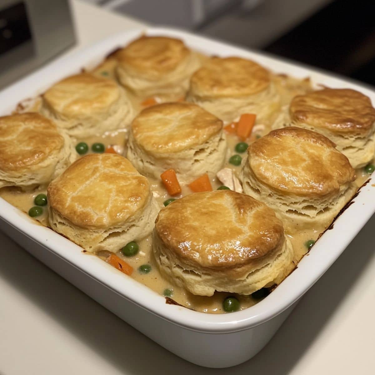 Golden baked biscuit topped chicken pot pie casserole in a white ceramic dish. Creamy filling with visible chicken, carrots, and peas.