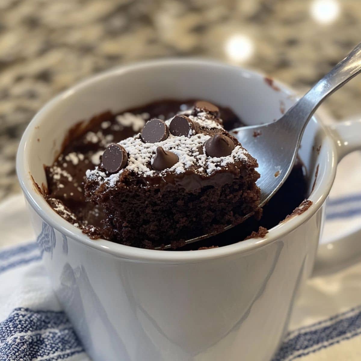 Fudgy chocolate mug cake in ceramic mug with melted chips and powdered sugar. Spoon lifts gooey bite showing rich, moist texture