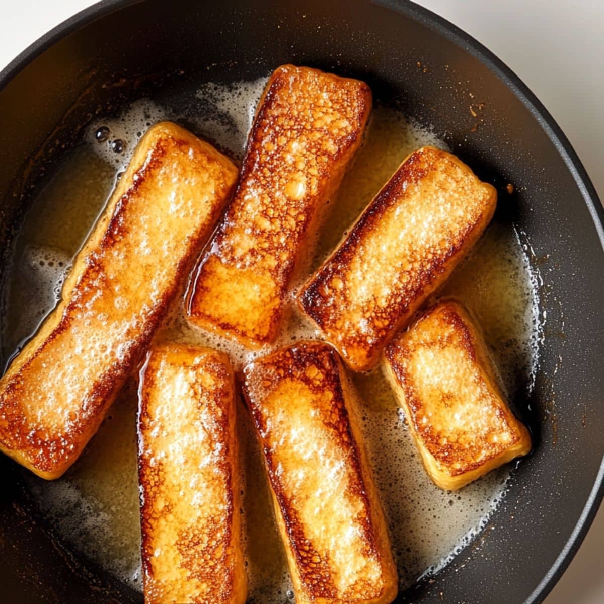 French toast sticks frying in buttered skillet until golden. Crispy edges forming, kitchen counter background visible.