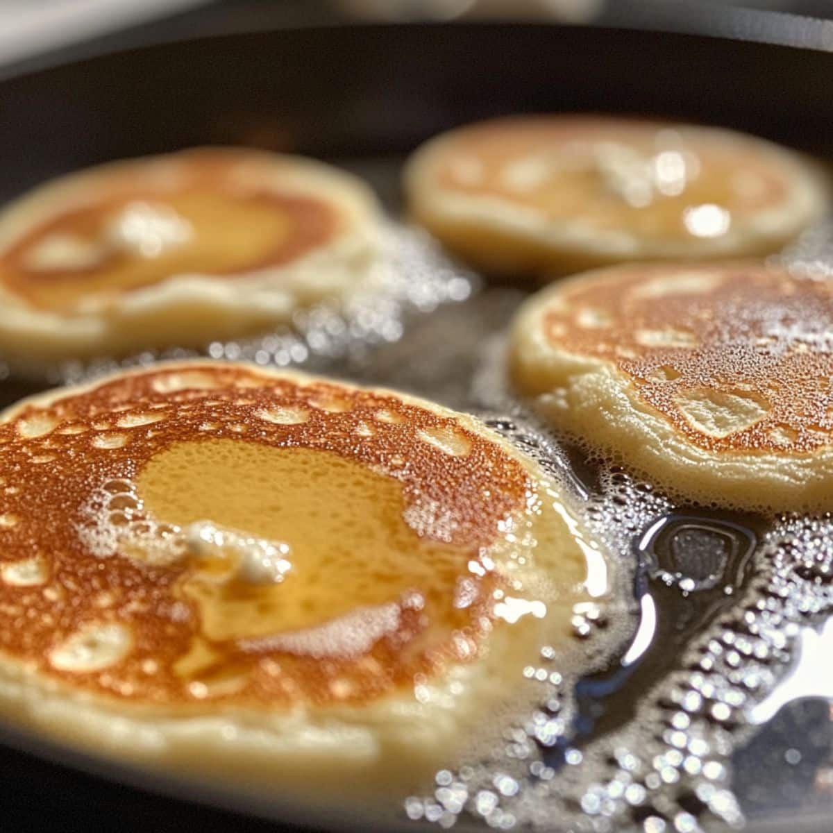 Golden ricotta pancakes bubbling on a griddle. Pancakes puffing up with natural edges and a home-cooked finish.