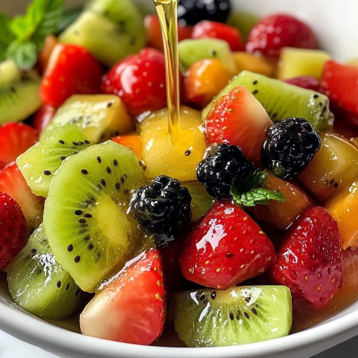 Homemade lime and honey dressing being poured over a vibrant fruit salad. Real kitchen prep, no watery mess.