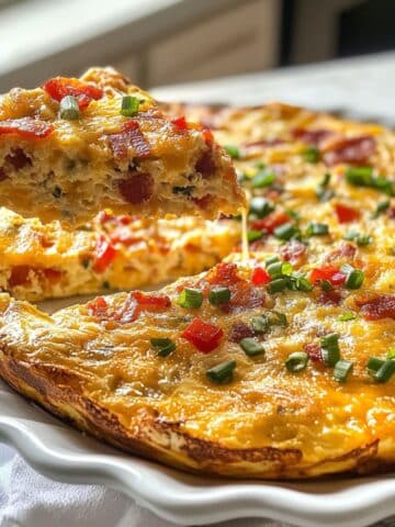 Golden baked frittata topped with bacon, peppers, and cheese, on a white plate , sliced and served.