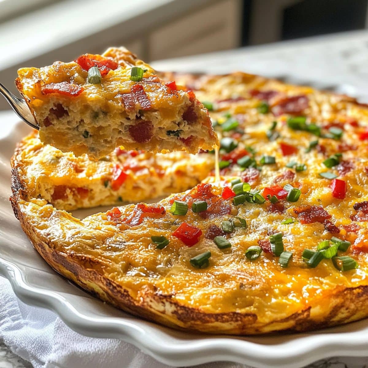 Golden baked frittata topped with bacon, peppers, and cheese, on a white plate , sliced and served.
