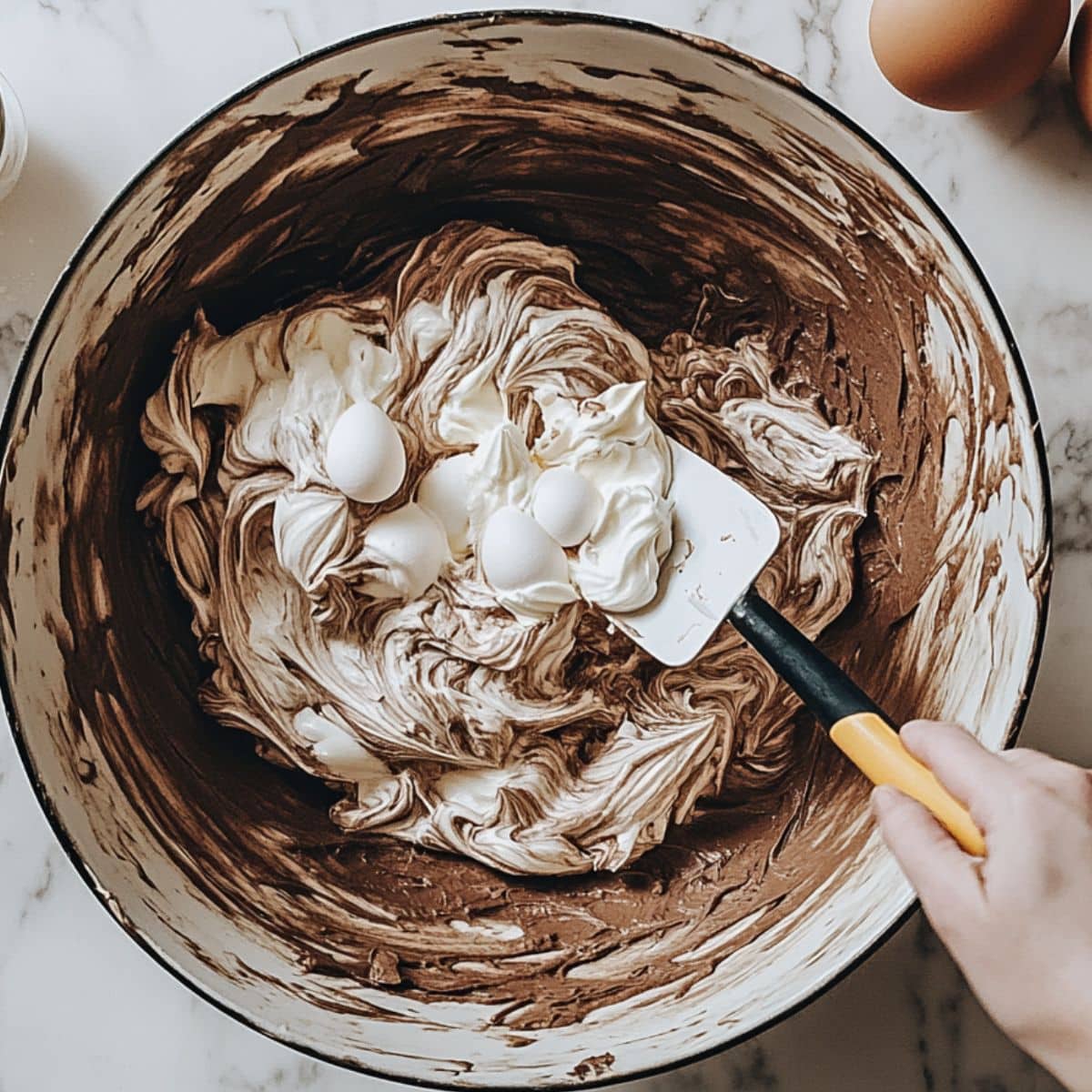 Gently folding stiff egg whites into chocolate batter for a light, moist cake crumb.