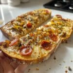 homemade French bread pizza held by Hanna's hand with golden cheese, mini pepperoni, and herbs. Handheld slice shows crisp crust and gooey topping texture.