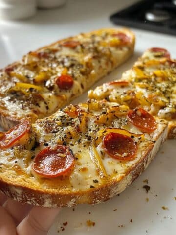 homemade French bread pizza held by Hanna's hand with golden cheese, mini pepperoni, and herbs. Handheld slice shows crisp crust and gooey topping texture.