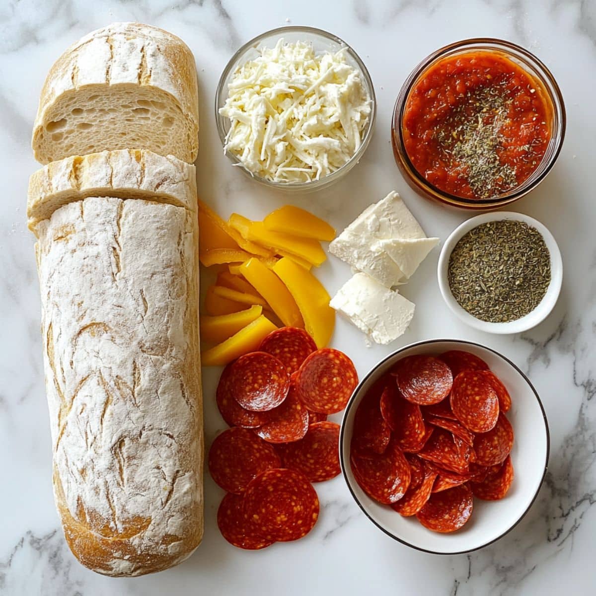 All ingredients for homemade French bread pizza laid out on a white kitchen counter.