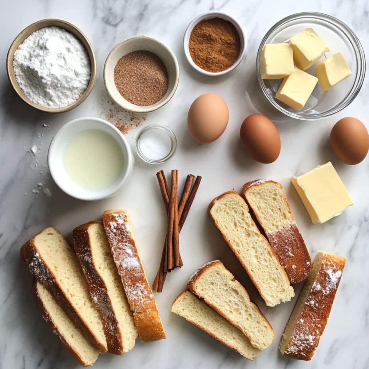 All ingredients for French toast sticks shown from above. Includes bread, eggs, milk, cinnamon, and vanilla on a white counter.