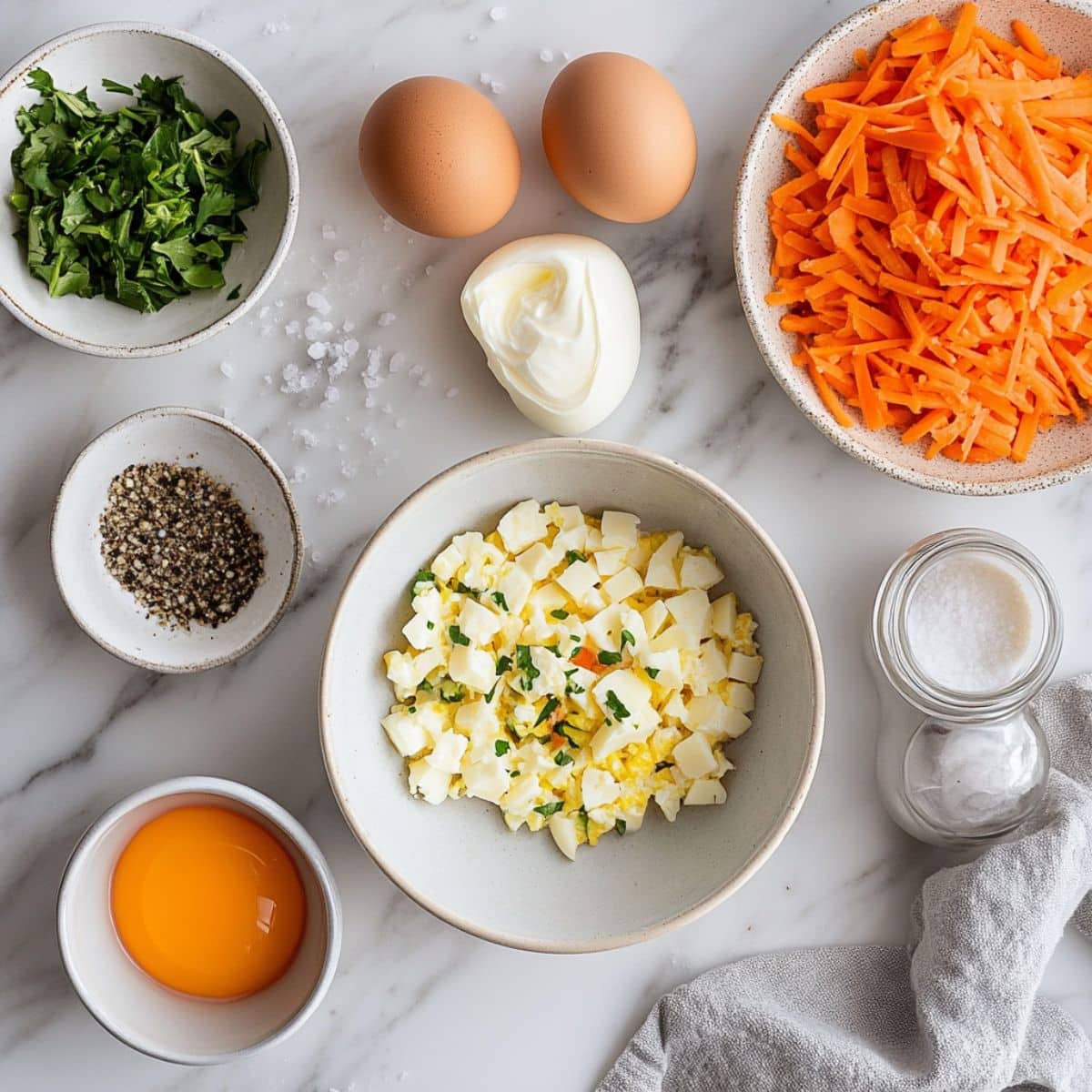 Overhead view of all frittata recipe ingredients including eggs, cheese, cream, and veggies on a white counter.