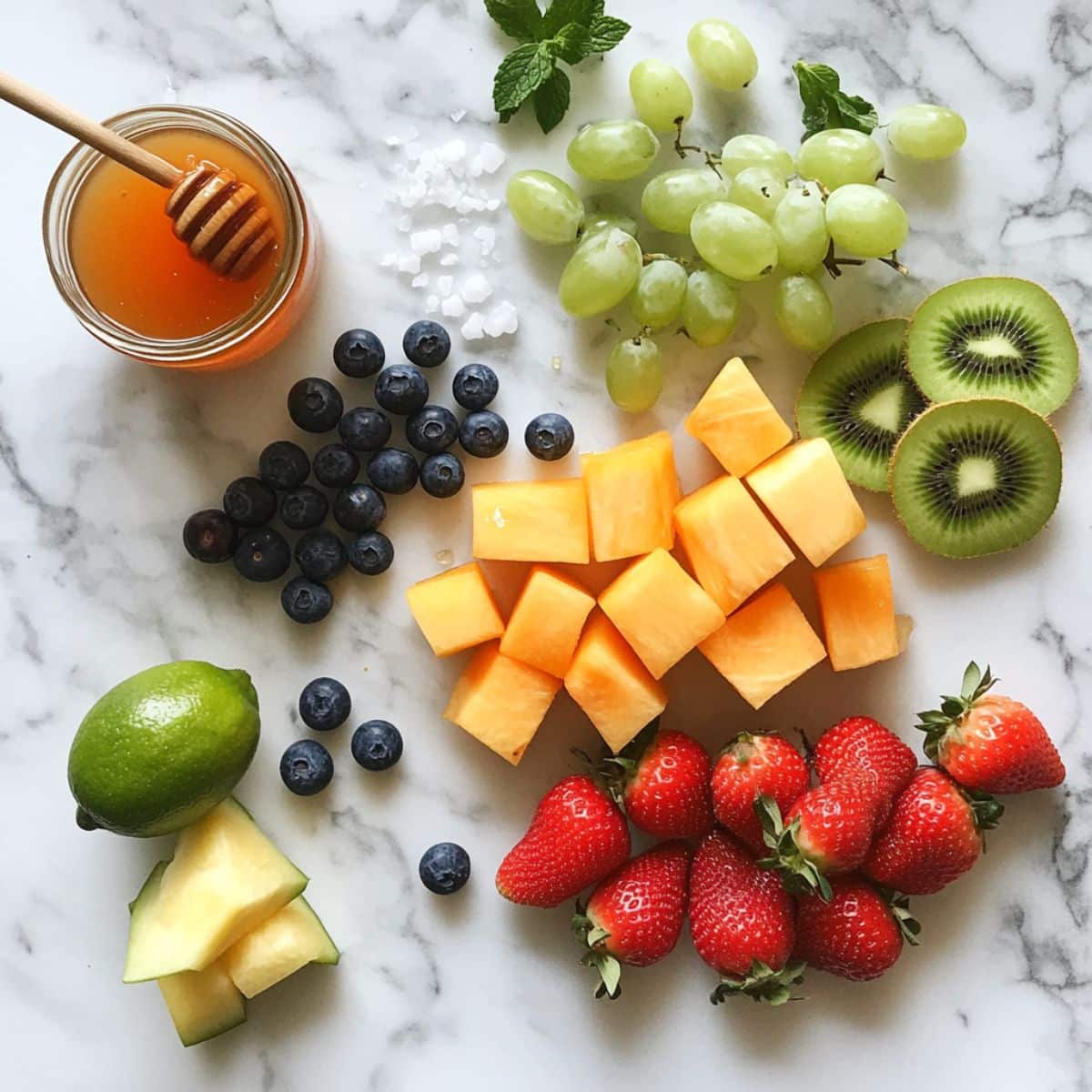 fresh fruit salad ingredients on a white kitchen counter.