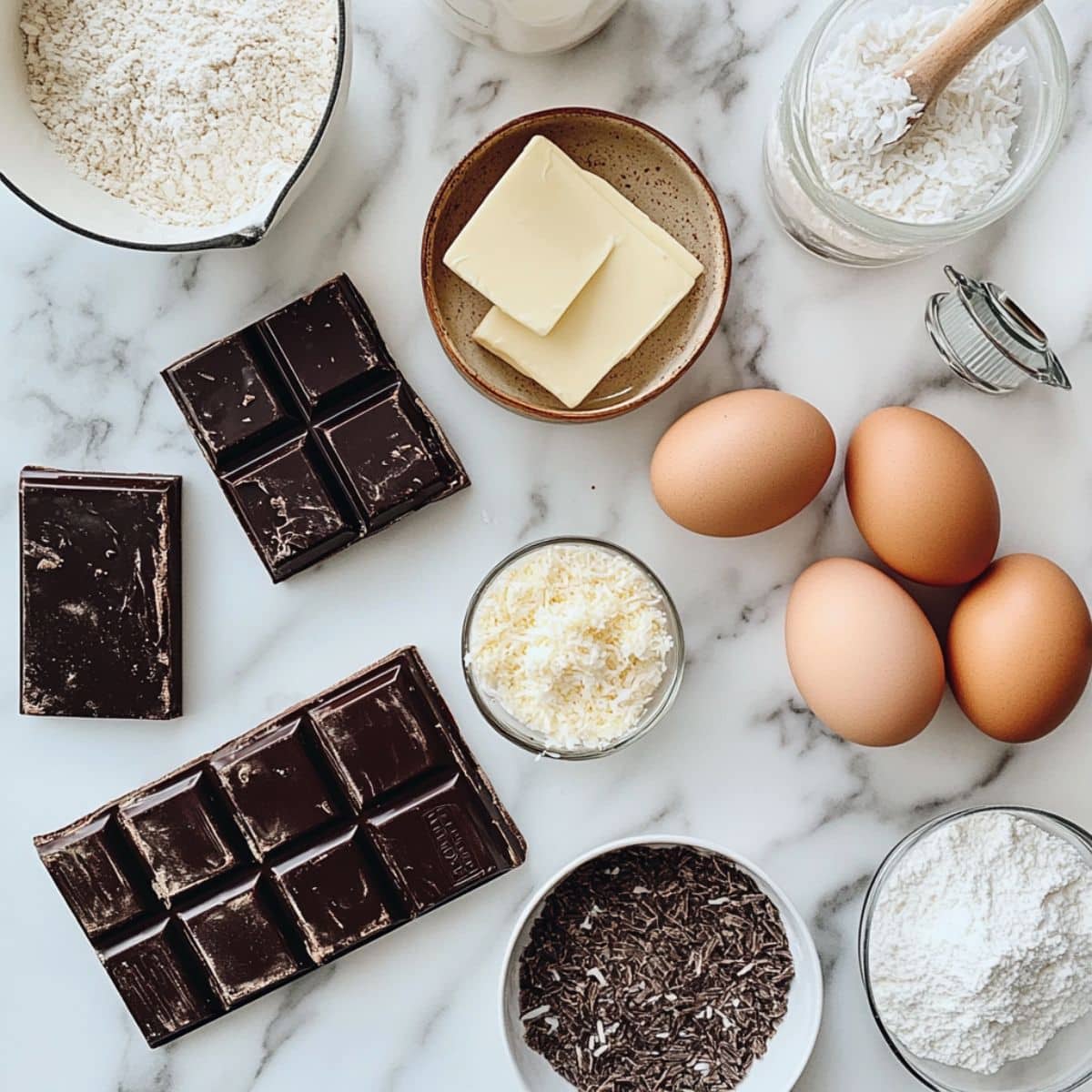 All ingredients for German Chocolate Cake including chocolate, chopped pecans, and shredded coconut laid out on white counter.