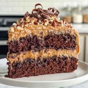 Close-up of a moist German Chocolate Cake slice with caramel coconut pecan frosting and chocolate curls on top.
