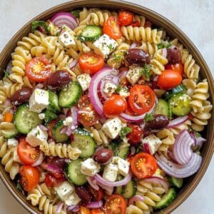 Juicy Greek pasta salad with feta, cucumbers, tomatoes, and olives in a white ceramic bowl.
