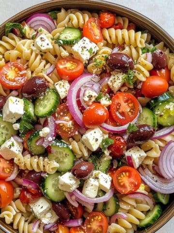 Juicy Greek pasta salad with feta, cucumbers, tomatoes, and olives in a white ceramic bowl.