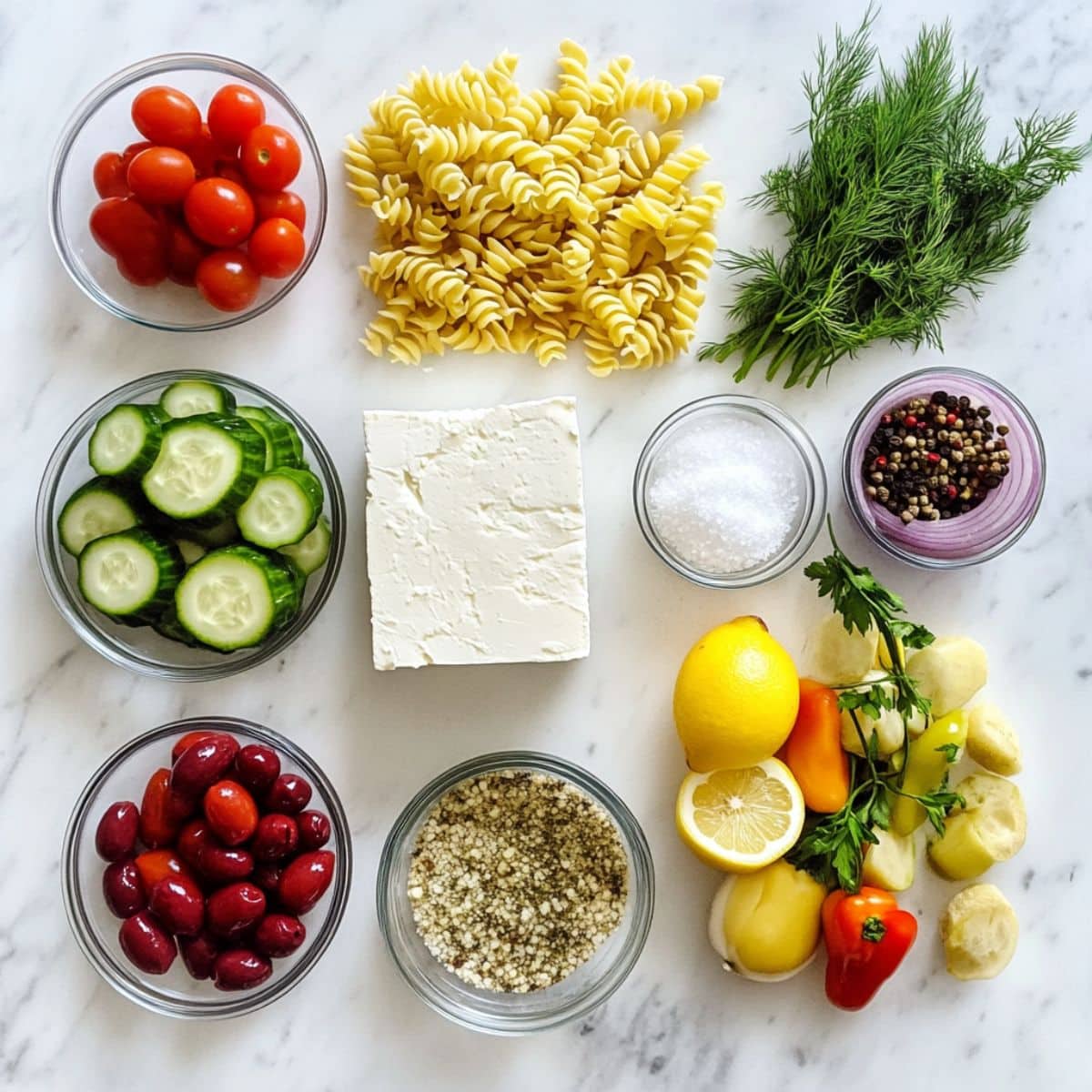 Fresh ingredients for Greek pasta salad, including pasta, feta, olives, and herbs.