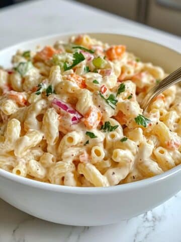 Creamy Hawaiian macaroni salad with elbow pasta, mayo dressing, red onion, carrots, and parsley garnish.