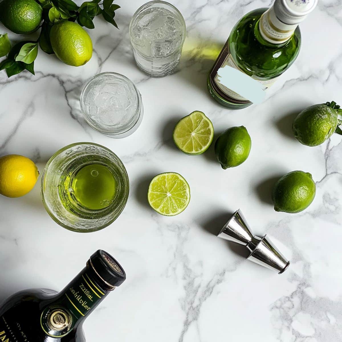 All ingredients for The Last Word cocktail—gin, Chartreuse, maraschino liqueur, and fresh limes on a white kitchen counter.