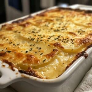 Baking dish filled with layers of sliced potatoes and rich cheese sauce.
