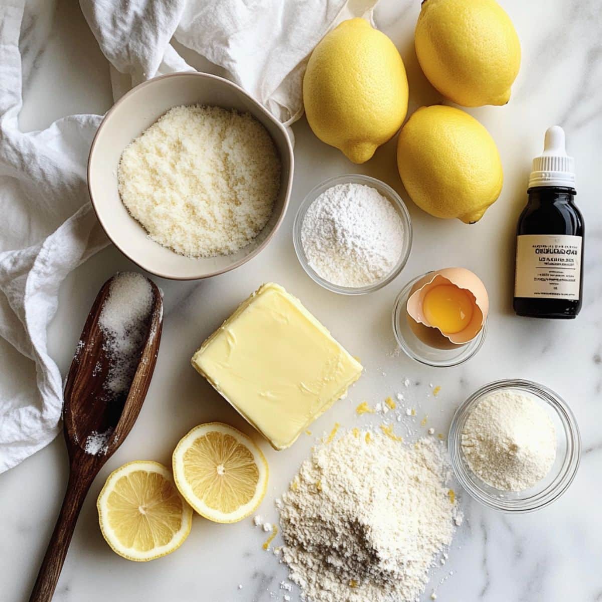 All ingredients for lemon pound cake on a white kitchen counter: butter, flour, sugar, eggs, lemon, sour cream, and vanilla. Casual home prep scene.