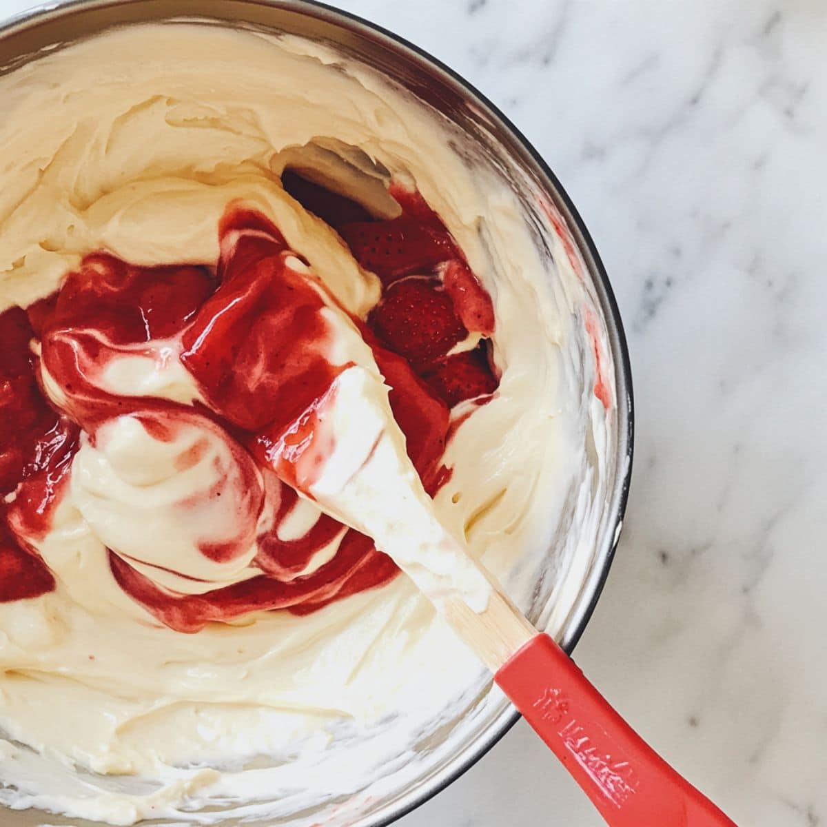 Thick cheesecake batter with swirled roasted strawberries, ready to pour into crust.