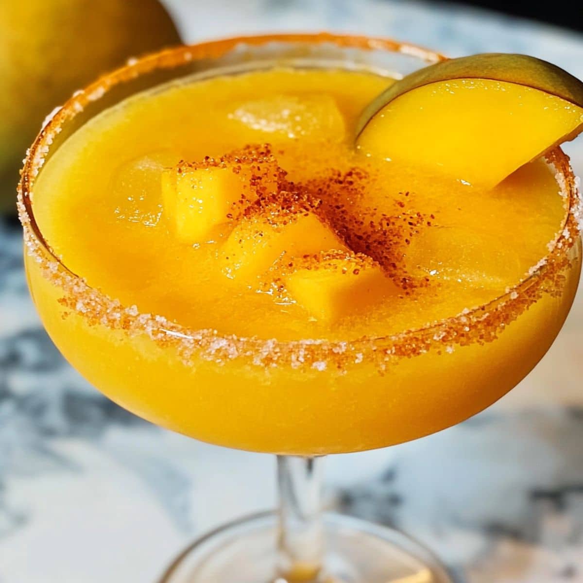 mango margarita in a Tajín-rimmed glass, topped with mango chunks and a fresh mango slice, served thick and slushy.