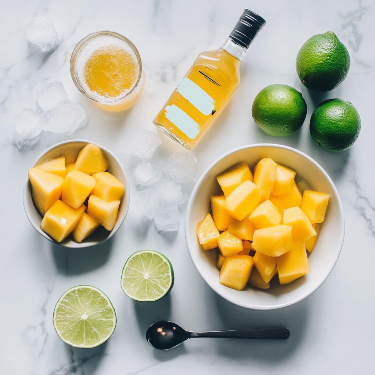fresh mango margarita recipe ingredients laid out on a white counter, including lime, tequila, and frozen mango.
