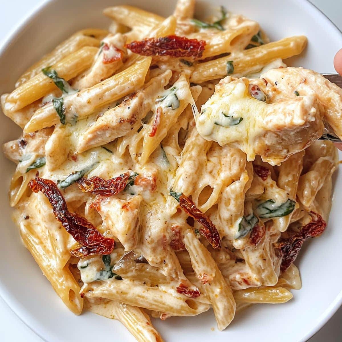 Creamy Marry Me Chicken Pasta with penne, sun-dried tomatoes, basil, and melted mozzarella. Rich, cheesy, and homemade on a white plate.