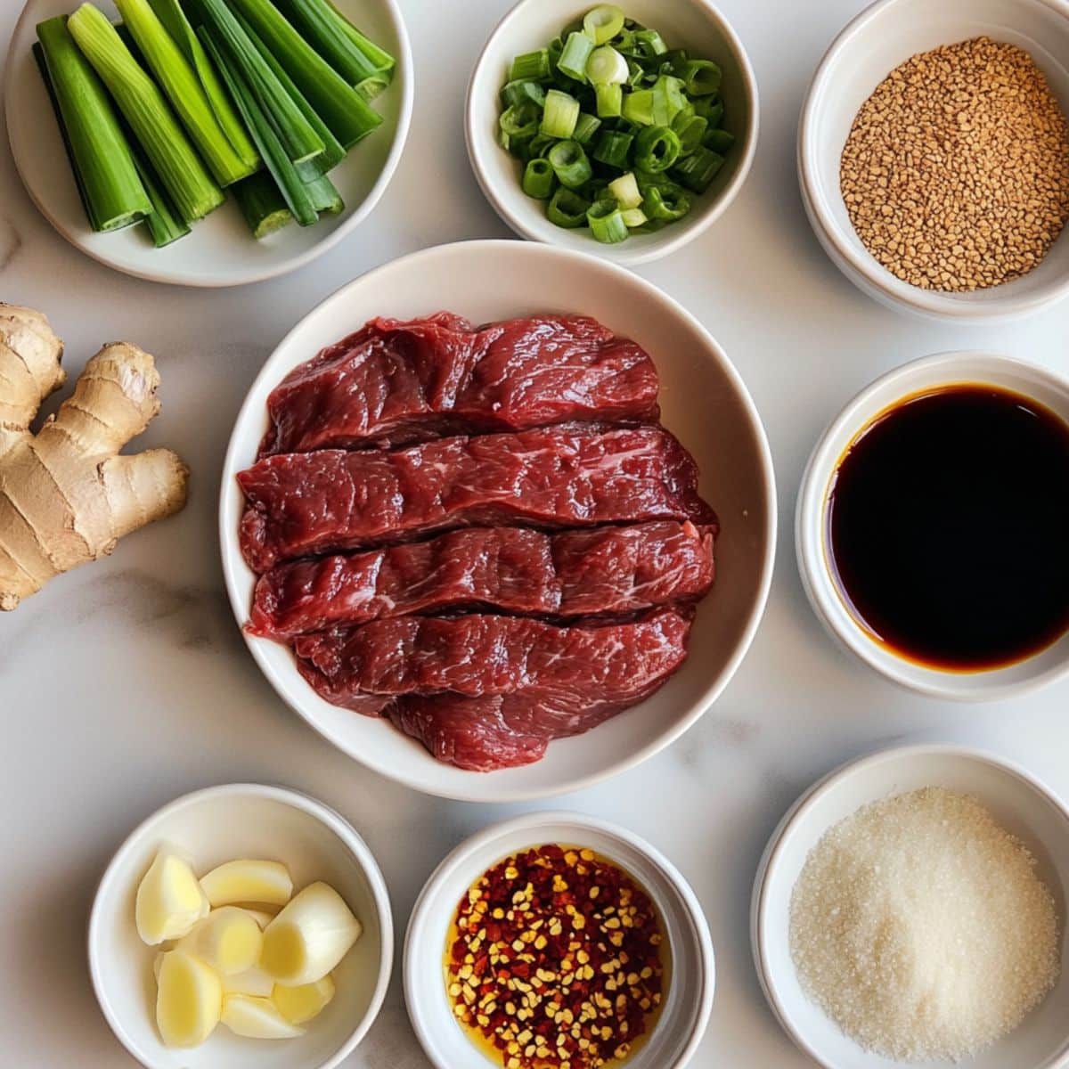 All ingredients for Mongolian beef laid out on a white kitchen counter. Includes sliced beef, soy sauce, brown sugar, and aromatics.