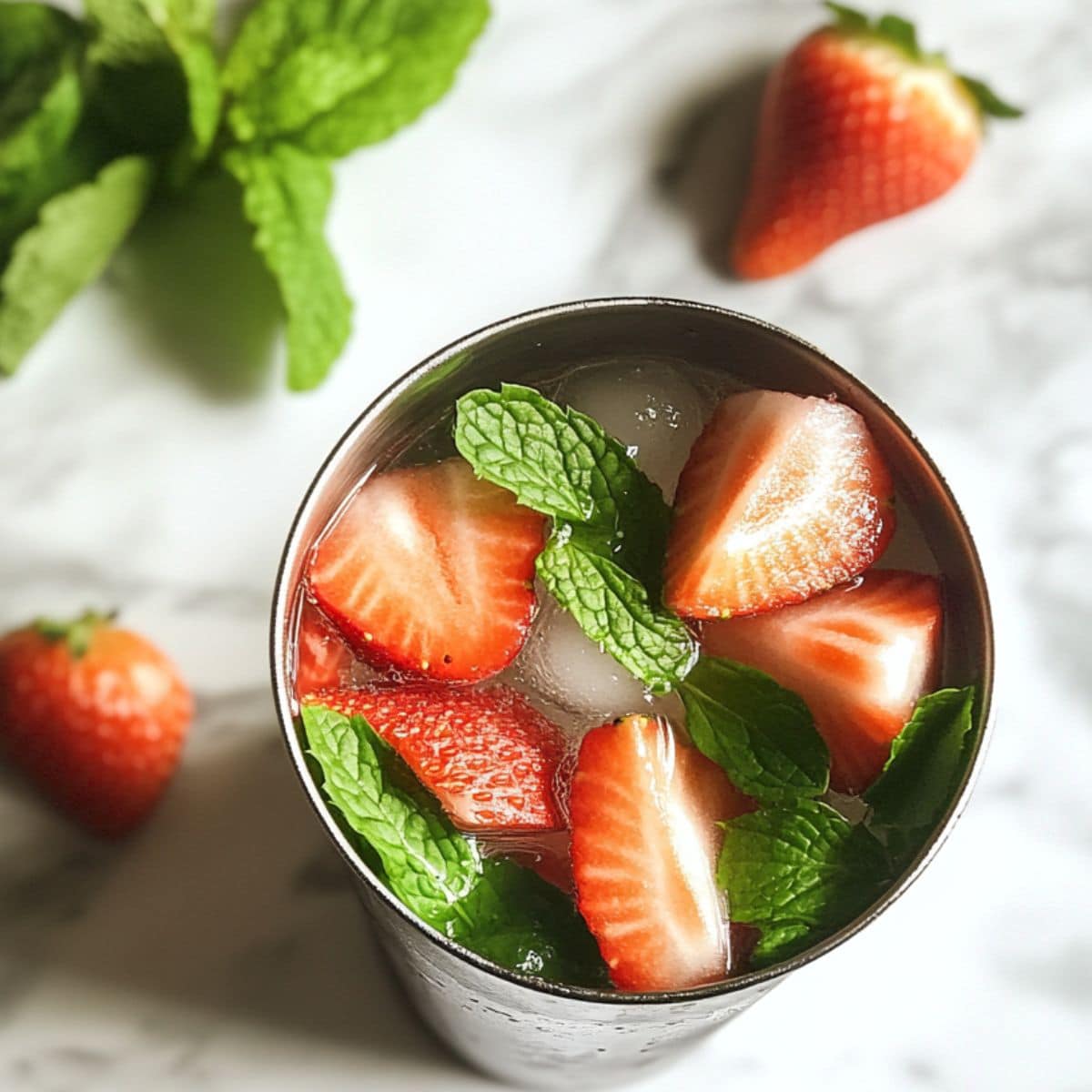 Fresh strawberries and mint being muddled in a cocktail shaker to make a strawberry mojito.