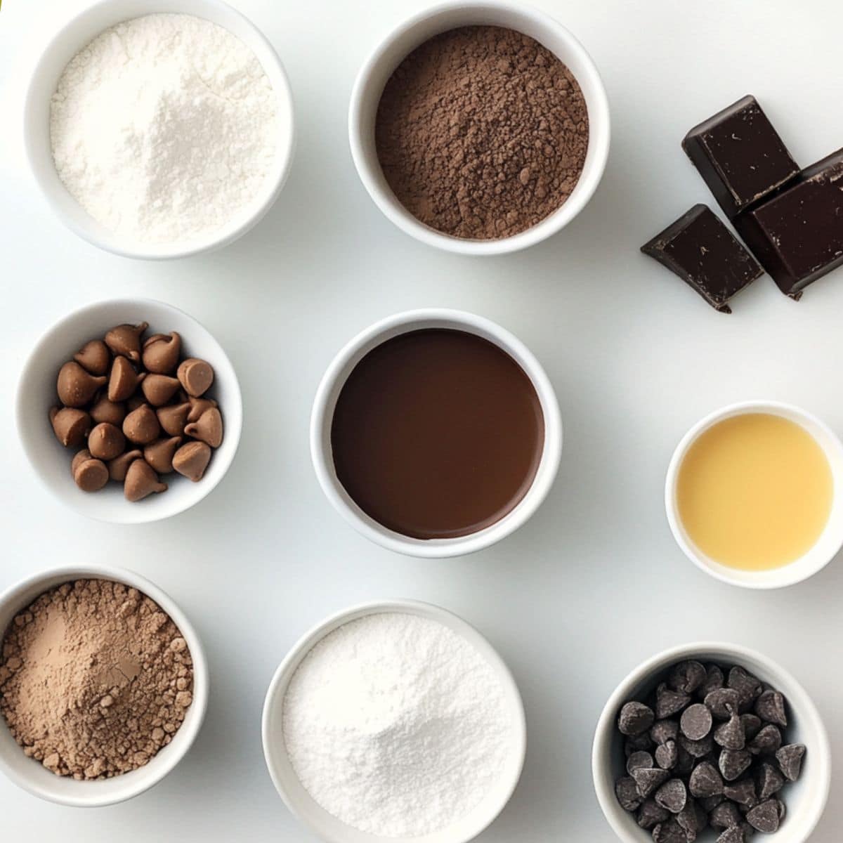 All mug cake ingredients spread on a white counter, shot overhead. Includes pantry staples and mix-ins for a homemade feel.