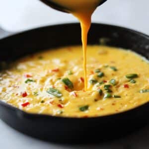 Pouring frittata mixture into a baking dish with colorful veggies before baking.