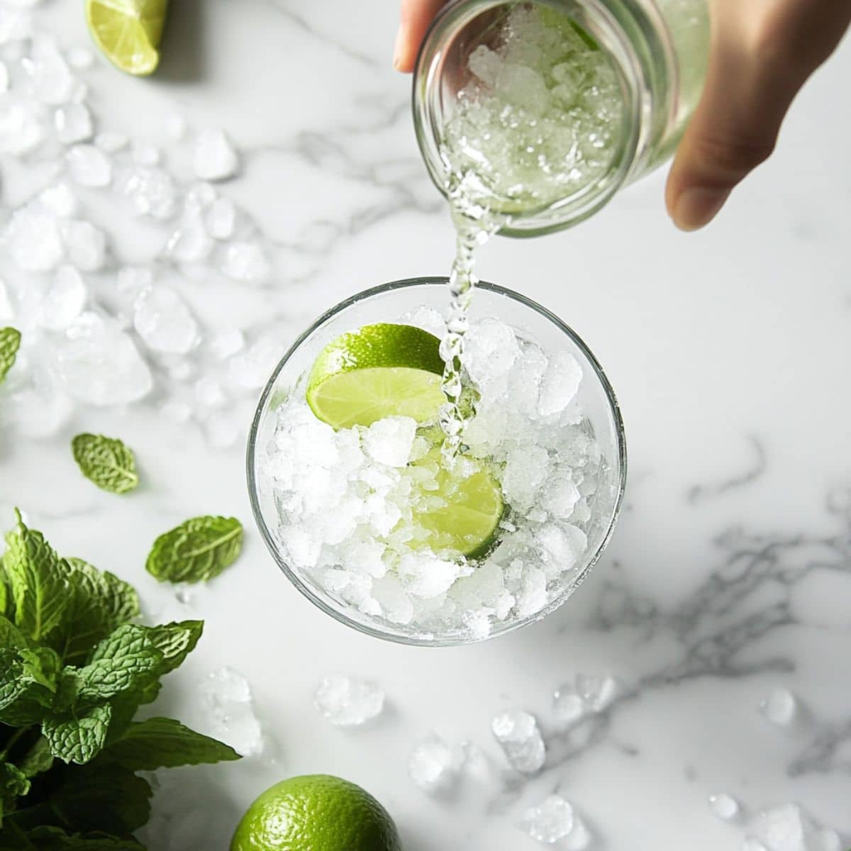 Pouring lime juice into a glass of crushed ice with mint for mojito. Simple homemade drink on kitchen counter.
