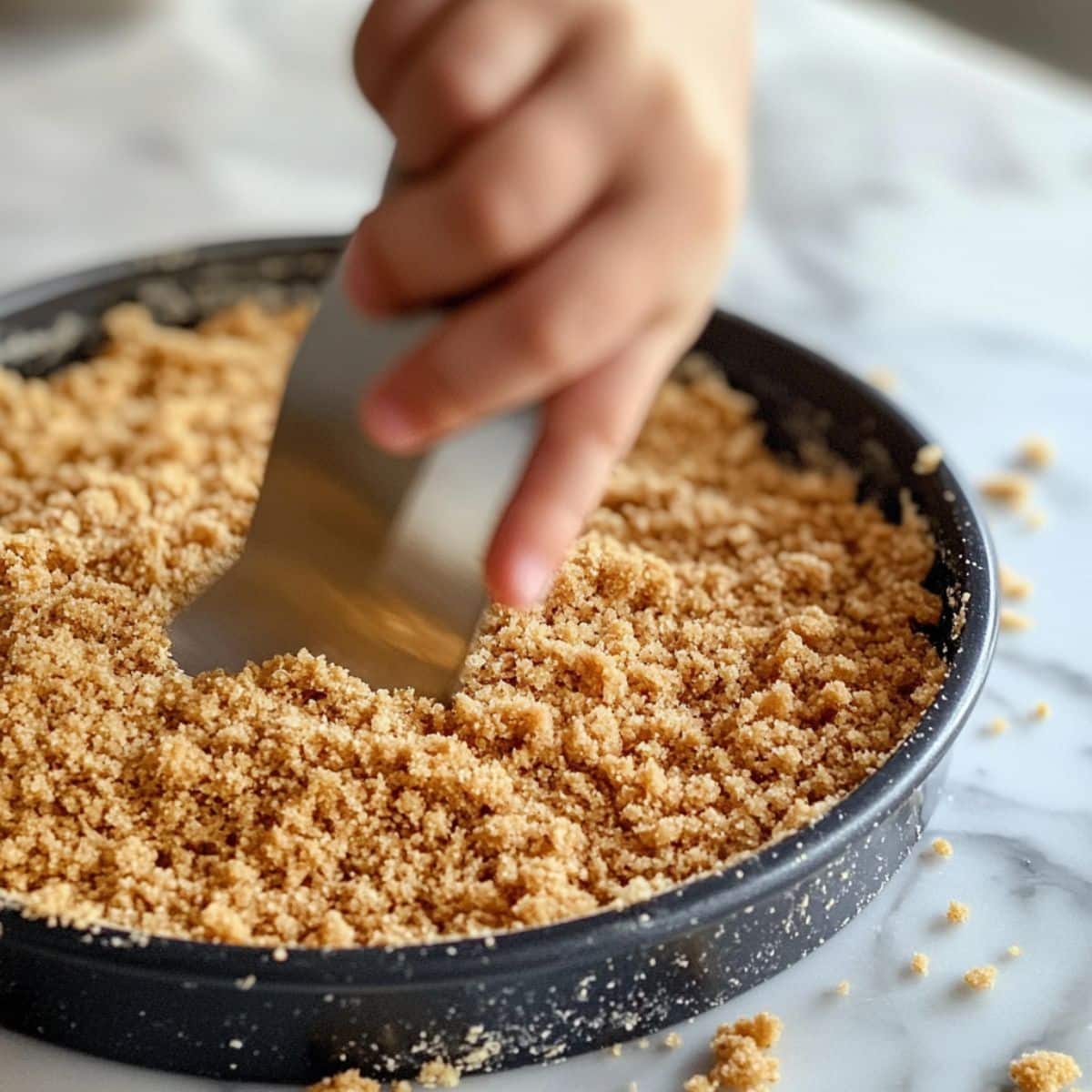 Homemade graham cracker crust pressed into a springform pan with rustic, crumbly edges.
