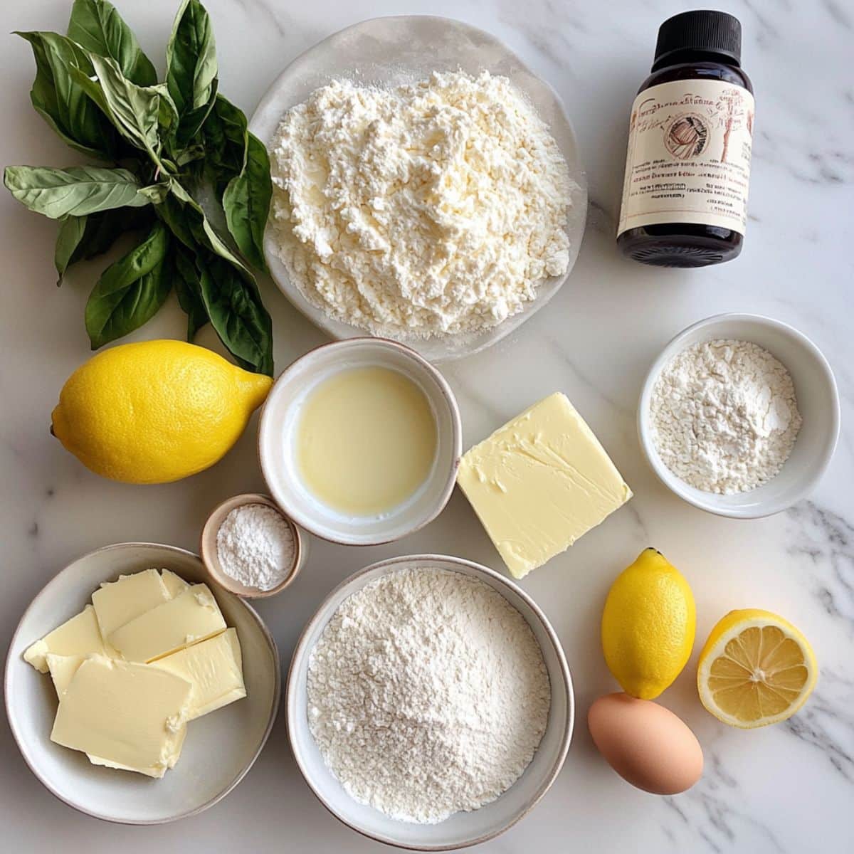 All ricotta pancake ingredients laid out casually on a white counter. Realistic and unstyled, showing what you need at home.