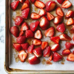 Roasted strawberries for cheesecake topping, rich in color and syrupy edges.
