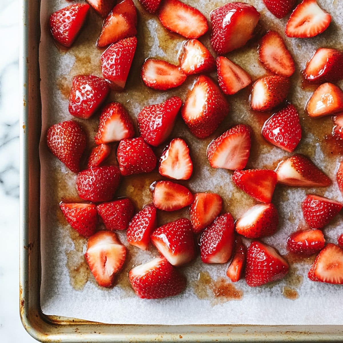 Roasted strawberries for cheesecake topping, rich in color and syrupy edges.