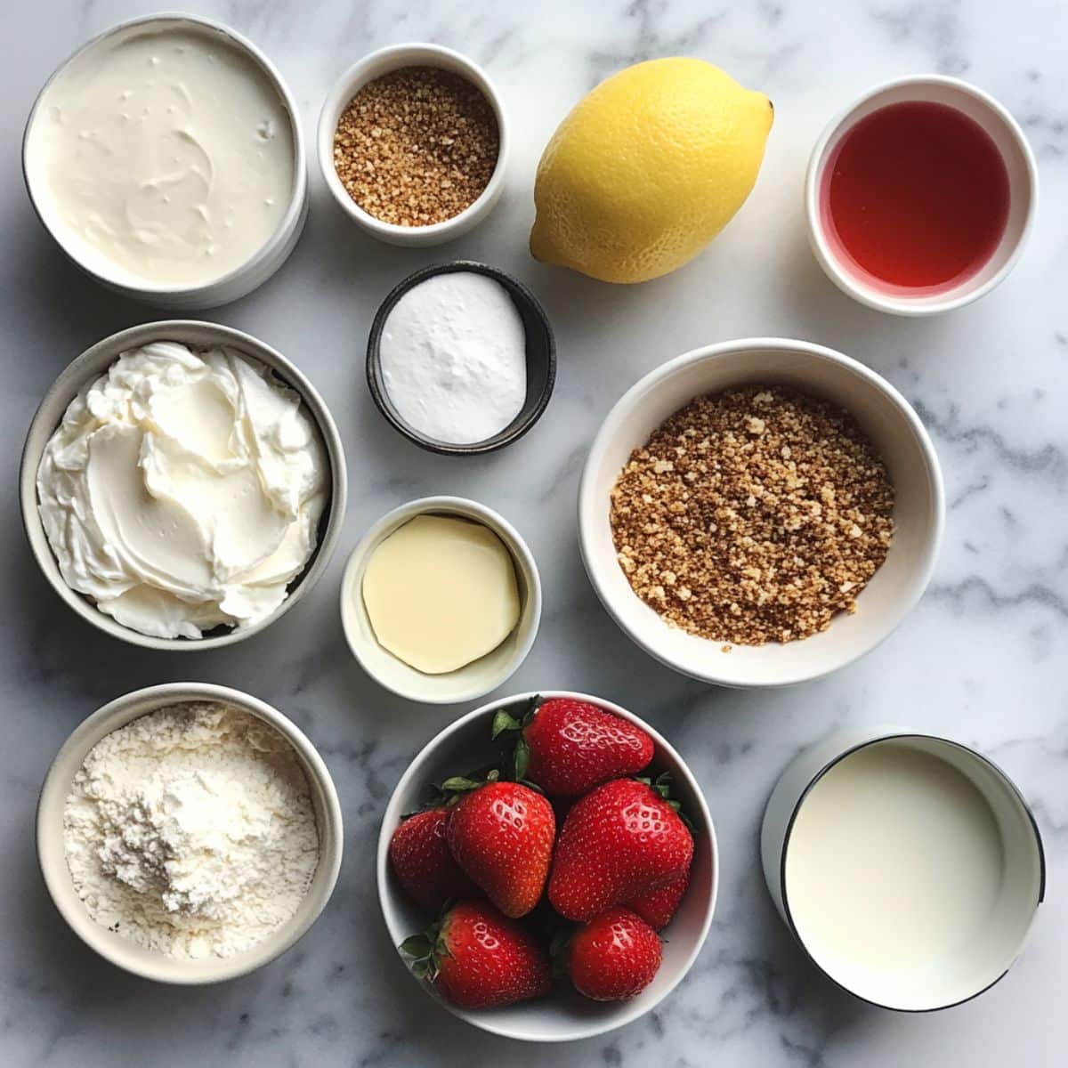 All ingredients for roasted strawberry cheesecake arranged on a kitchen counter: berries, dairy, crust elements, and flavorings, styled casually.
