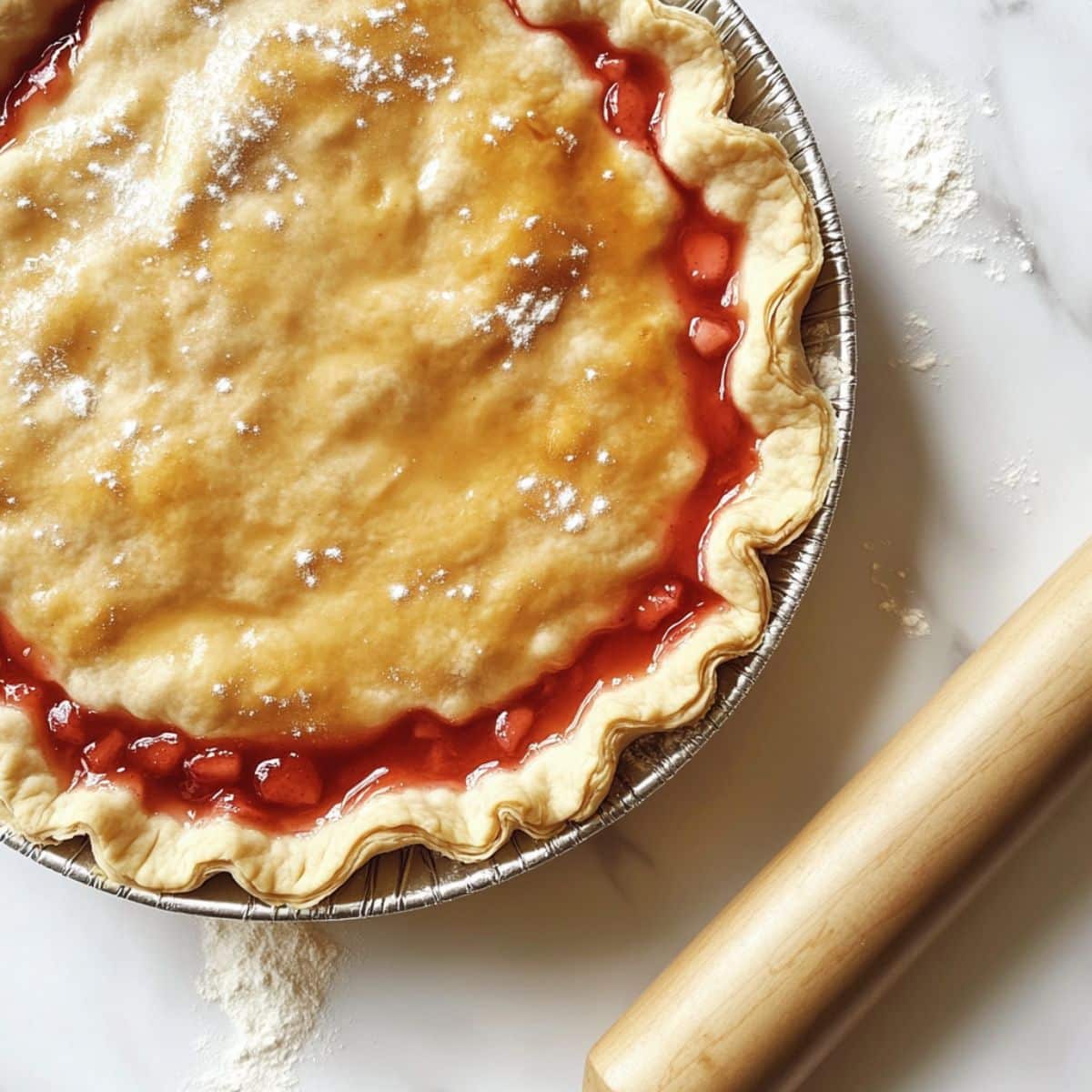 Rolled pie crust filled with strawberry rhubarb filling, ready for the lattice top.