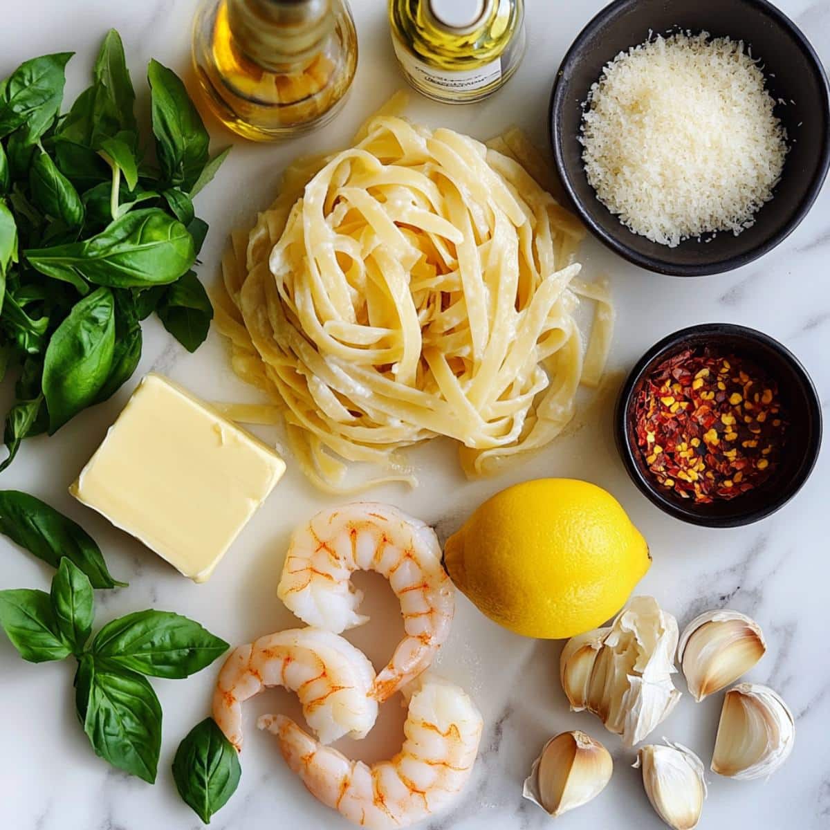 All ingredients for creamy garlic shrimp pasta on a white counter. Shrimp, pasta, garlic, lemon, herbs, and Parmesan shown in overhead view.