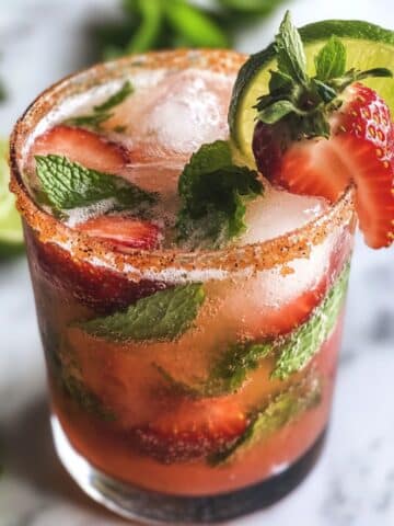Glass of strawberry mojito with fresh mint, lime, and strawberries.