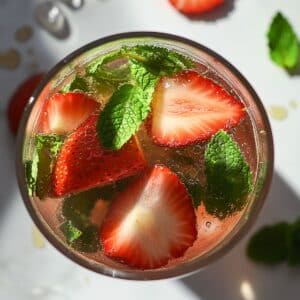 Strawberry mojito mixture poured into an ice-filled glass, topped with fizzy club soda.